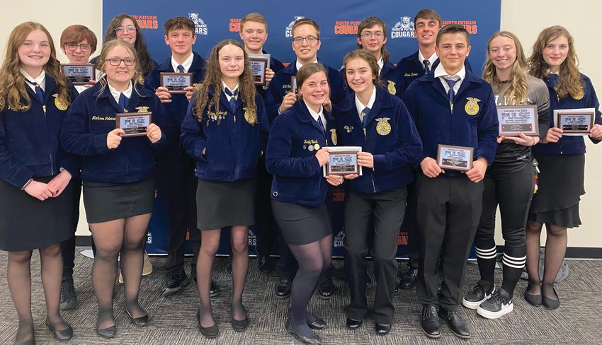 PHHS FFA members who earned awards at the district contest include, from left, front row: Paige Bishop, Madison Coleman, Hailey LIebrandt, Keely Black, Lilie Mace and Carson Rolison; and back row, Will Patton, Ashlee Clodfelter, Mason Bowsher, Evan James, JD Seward, Parker Grayless, Drew Brown, Emma Norman and Brennan Cox.
