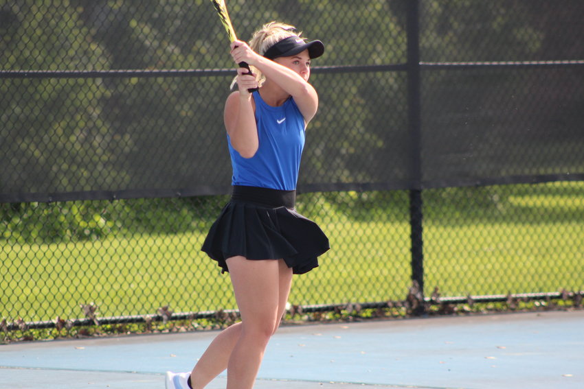 Codey Emerson/Journal Review  Crawfordsville&rsquo;s Lilly Klingbeil along with one doubles partner Cathleen McGrady will move on in the individual doubles tournament after their win over Greencastle.