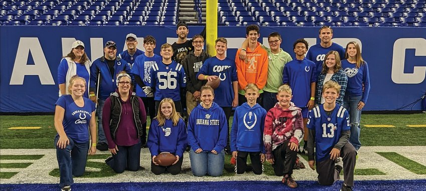 A group of FCA members from Parke Heritage Middle School and High School joined others from around the state to go to the Indianapolis Colts football game on Sunday. Following the game, the group heard testimonies from Colts players, coaches and cheerleaders. At the conclusion of the program, the groups were allowed to go onto the field. Those attending were front row, Cassie Miller, April Smith, Hallie Miller, Melanie Miller, Lucas Busenbark, Avery Huff and Joel Miller; .second row, Janine Sutton, Andy Sutton, Carson Sutton and Henry Busenbark; third row, Hayden Vandivier, David Lacy, Michael Smith, Sheldon West, Cian Todd and Jennica Sutton; and back row, Matt Miller, Chad Smith, Jason Busenbark and Christi Busenbark.