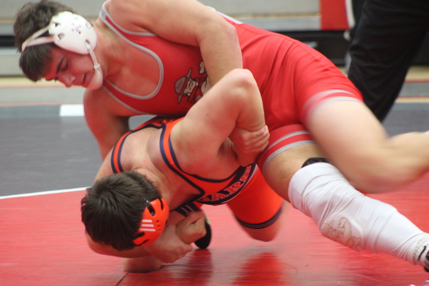 Codey Emerson/Journal Review  Southmont&rsquo;s Wyatt Woodall remained undefeated on the season at 195 as he helped the Mounties comeback to defeated North Putnam 36-33 on Tuesday.