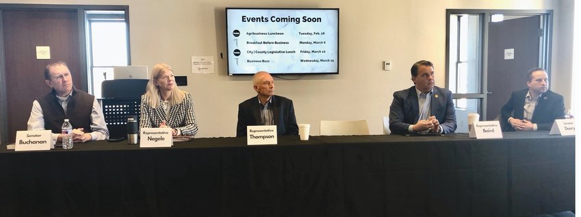 Area state-level legislators, from left, Brian Buchanan, Sharon Negele, Jeff Thompson, Beau Baird and Spencer Deery, share updates from the legislative session in 2023 with Montgomery County residents.