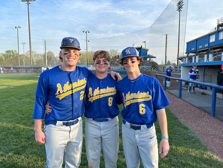 Senior catcher AJ Hall (center) with Kale Wemer (left) and Jude Coursey (right). Both Wemer and Coursey (according to CHS scoring) thrown back to back no-hitters vs county rival Southmont.