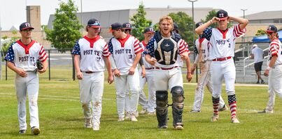 Post 72 celebrates after sweeping Danville on Sunday. The combined score ended up being 23-1 as Post 72 began the summer 2-0