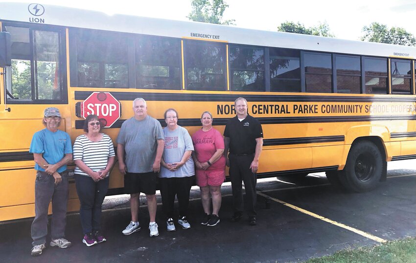 On hand to receive the new bus were Maintenance and Bus Facilitator Monte Chaplain; bus driver Theresa Beverly, Transportation Director Jeff Kerr; bus drivers Lori Canfield and Paula Branam; and Superintendent Mike Schimpf. Other drivers who attended the initial training included: Erin McCoy, Ashley Dooley and Dave Sims.