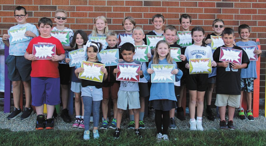 As a part of their Leader in Me program, Turkey Run Elementary students received Habit Hero Awards. Habit Hero awards are given to students who set an example by being a good leader and demonstrate one of the seven habits. Awards are presented by staff members to students who they believe have excelled in one of the habits. Earning Habit Hero awards for August are front row, Aida Hicks, Maverick Hansel and Lyric Breedlove; middle row, Ryder Poore, Mackenzie Noonan, Mack Newnum, Sawyer McCrory, Nolan Mayes, Hannah Blystone and Jase Hart; and back row, Alex Whitford, Hayden Lawson, Nickoal Crowder, Robert Lientz, Colby Lamb, Will Davies, Brady Patton and Bentley Schatz.