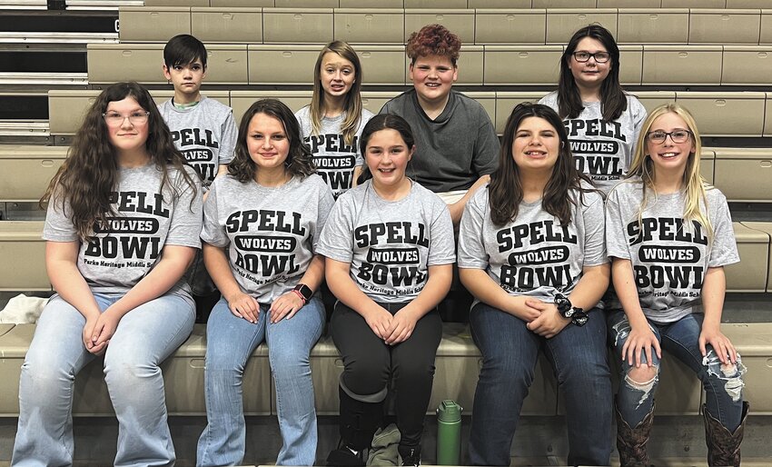 The Parke Heritage Middle School spell bowl team competed in the district competition at Sarah Scott Middle School on Nov. 1. Team members are, from left, front row, Katy Faust, Sophia Norman, Teagan Pound, Alyssa Harshman and Madi Schaefer; and back row, Braydan Hinkle, Colten Reynolds, Hagen Jeffrey and Kimberly McKee. The team was coached by Morgan Myers.