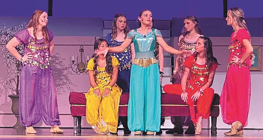 Marlee Reed (Jasmine) and members of &ldquo;princess posse&rdquo; rehearse a scene for the NMMS production of Aladdin Jr.