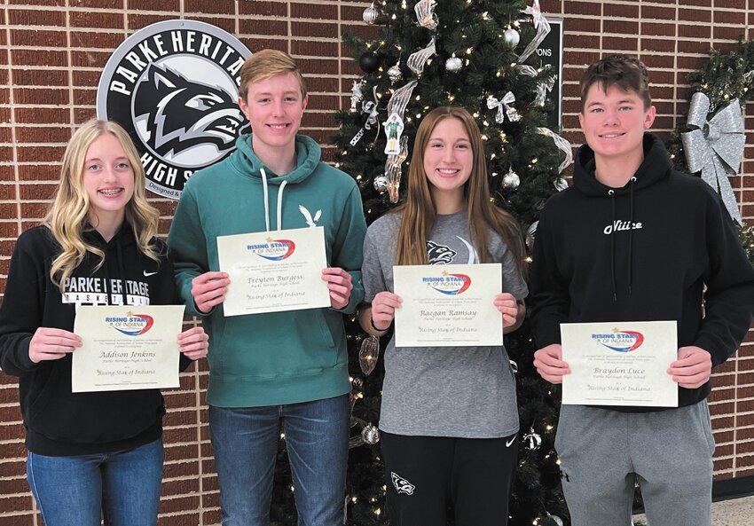 Four Parke Heritage High School juniors have been recognized as Rising Stars of Indiana for the Class of 2025. Treyton Burgess, Addison Jenkins, Brayden Luce and Raegan Ramsay received this award from The Indiana Association of School Principals. Each Indiana high school was invited to recognize up to four students currently in the 11th grade, based on their academic achievement. Pictured, from left, are Jenkins, Burgess, Ramsay and Luce.