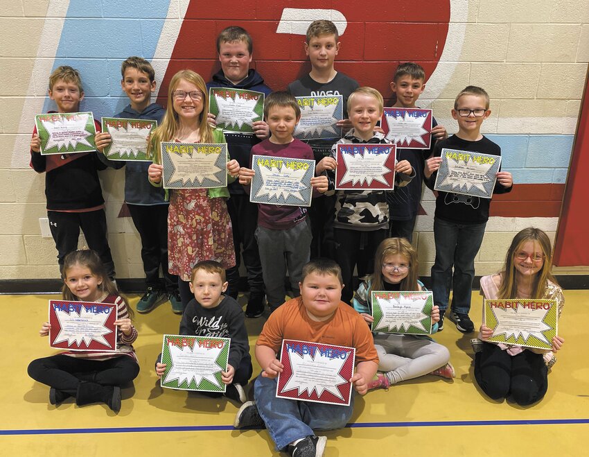 As a part of their Leader in Me program, Turkey Run Elementary students received Habit Hero Awards. Habit Hero awards are given to students who set an example by being a good leader and demonstrate one of the seven habits. Awards are presented by staff members to students who they believe have excelled in one of the habits. Earning Habit Hero awards for November are front row, Lily Westbrook, Karter Scott, Brantley Evans, Remleigh Myers,and Tru Kerr; middle row, Javelin Wallace, Steven Doty, Bowen Laznik and Jonathan McLain; and back row, Kurt King, Owen Mundell, Kaden Flood, Payton Thomas and Brenton Hart. Not pictured is Cambree Edmundson.