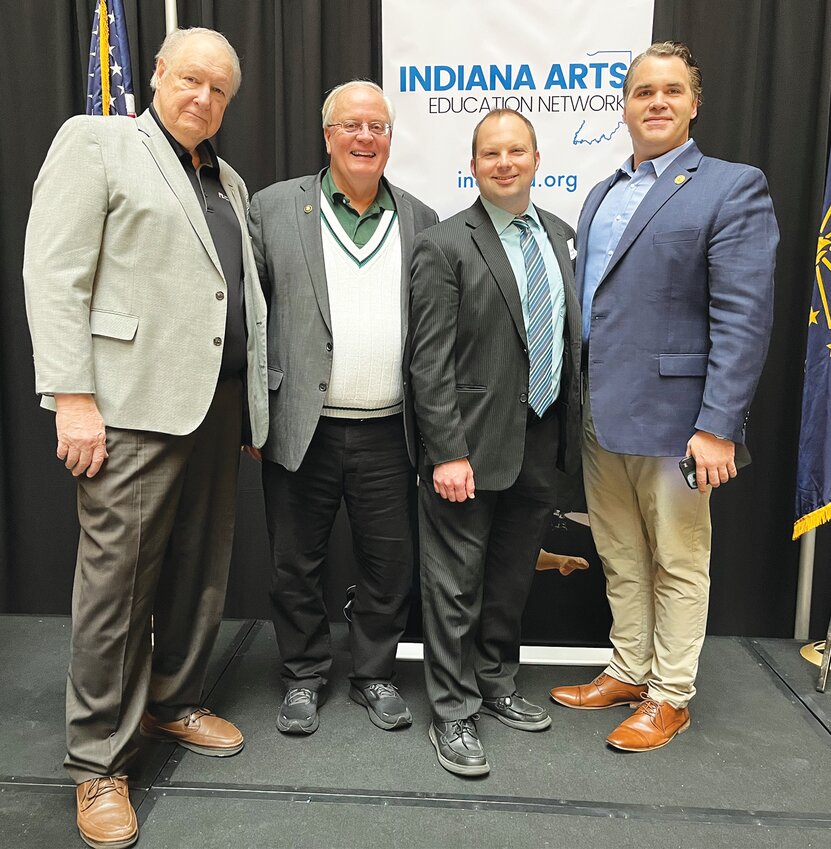 Pictured, from left, are AES 500 Festival Parade co-chairs Jack Haefling and Mark Eutsler, North Montgomery Director of Bands and Montgomery County United Marching Band & Guard Co-Director Andy Simpkins and State Rep. Beau Baird at the Indianapolis Statehouse North Atrium during the Indiana Arts Education Network Arts Education Advocacy Day where Simpkins was recognized as one of the highest achieving music educators of excellence in Indiana. In its first two years of competition, 2021 and 2022, MCU Winter Winds earned back-to-back state championships. In 2023, the MCU Marching Band and Guard appeared on national television as one of the bands invited to appear in the AES 500 Festival Parade, the nation’s third-largest parade. Crawfordsville High School Director of Bands Jon Tebbe and Southmont Royal Mountie Band and Cadets Director Elizabeth Newnum are also MCU co-directors.