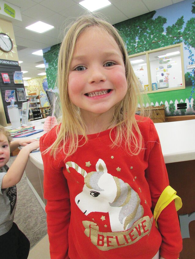 Julia Nichols, 5, has completed the Crawfordsville District Public Library program 1,000 Books Before Kindergarten, for the fifth time. Julia, along with her parents Tyler and Mindy Nichols has read 5,000 books. Julia's favorite book is &quot;Pete the Cat and the Bedtime Blues&quot; by Kimberly and James Dean. Mom said, &quot;The library has been a wonderful place to meet and play with friends over the years. We appreciate the support from the reading program to encourage a love for reading.&quot;