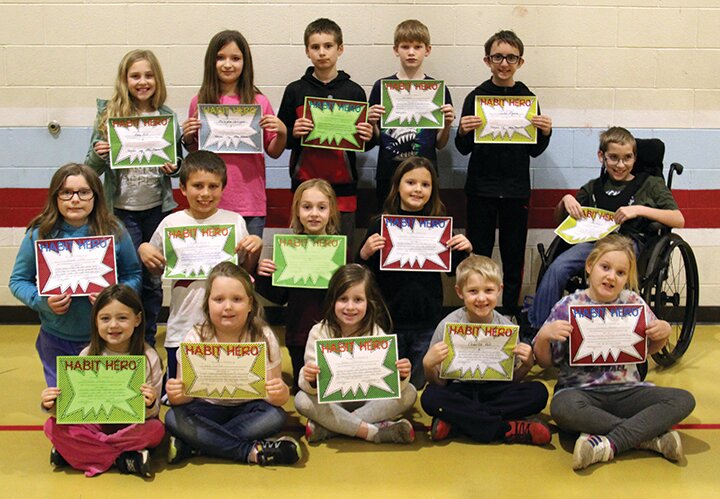 As a part of their Leader in Me program, Turkey Run Elementary students received Habit Hero Awards. Habit Hero awards are given to students who set an example by being a good leader and demonstrate one of the seven habits. Awards are presented by staff members to students who they believe have excelled in one of the habits. Earning Habit Hero awards for February were front- Carmella Schmeltz, Izzy Cotten, Bexley Shannon, Charlie Hill, and Natalia Brown; middle- Vivian Long, Elliot Wrightsman, Taylor Steele, and Hunter Stonebraker; back- Abby Hill, Maleigha Uplinger, Jackson Wrightsman, Gabe Vandivier, Caleb Myers and Jason Dunavan.
