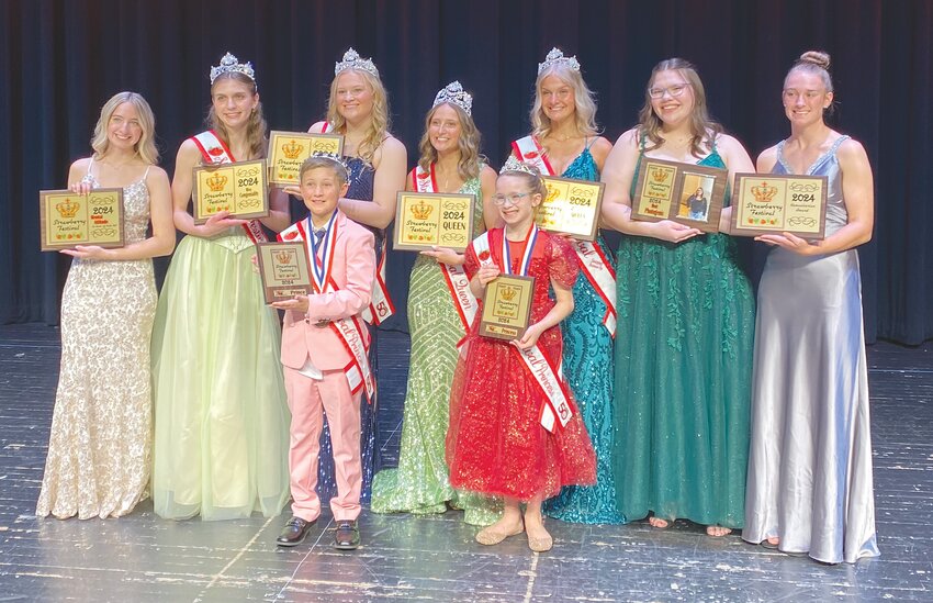 McClaskey, center, is pictured with, from left, Kaya Money, mental attitude winner; Katherine Novak, Miss Congeniality; Ellie Walker, first runner-up; Emma Leonhardt, second runner-up; Cadence Richmond, most photogenic; Zoey McFarland, humanitarian award winner: Zoey McFarland, humanitarian award winner; and Jr. Royalty winners, Easton McClamroch, prince, and Ellie Gentry, princess. The queen and her court will reign over the 50th annual festival June 14-16.