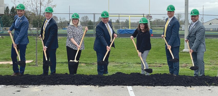 Pictured at the ground breaking ceremony for the new Crawfordsville Community Schools administration building are, from left, Dr. Brent Bokhart, assistant superintendent; board of trustee members, Monte Thompson, Kathy Brown, Steve McLaughlin, Susan Albrecht and Kent Minnette, and Dr. Rex Ryker, superintendent.