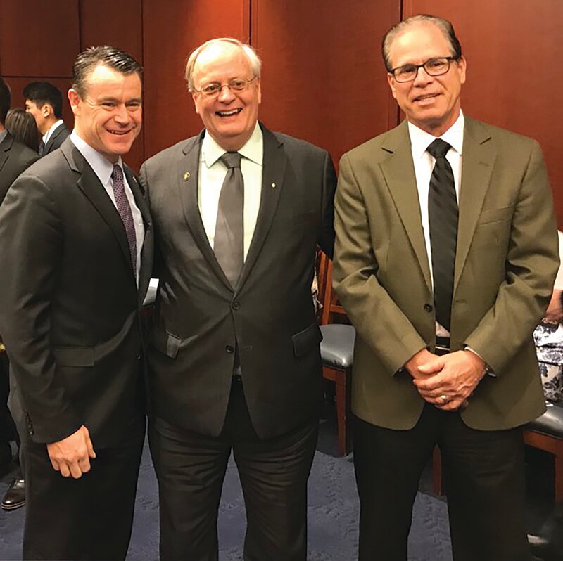 U.S. Sen. Todd Young, left, Serve Indiana Commissioner Dr. Mark Eutsler, center, and U.S. Sen. Mike Braun are pictured at a Hoosier Huddle event in the U.S. Capitol.