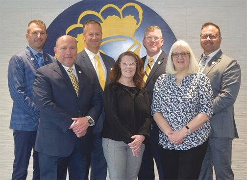 Crawfordsville Community School Corp. board members and district administrator are pictured, from left, front row, board members Steve McLaughlin, Susan Albrecht and Kathy Brown; and back row, Assistant Superintendent Dr. Brent Bokhart, board members Kent Minnette and J. Monte Thompson, and Superintendent Dr. Rex Ryker.