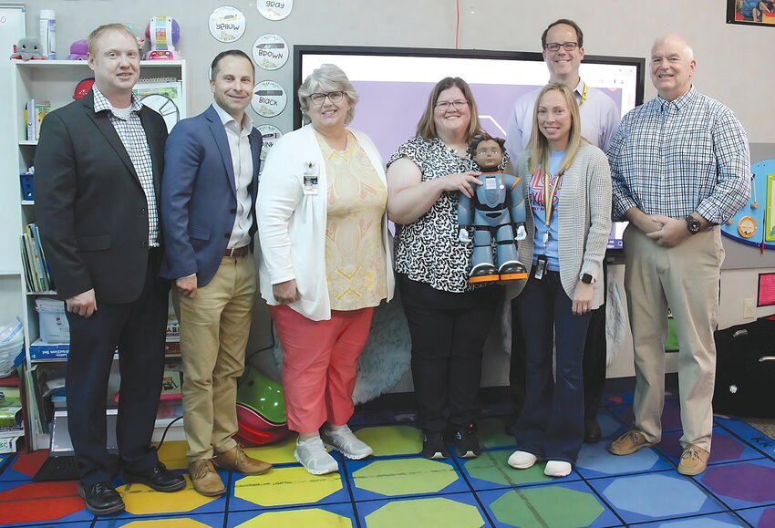 Pictured from left, are Mike Schimpf, Superintendent of North Central Parke Schools; State Senator Spencer Deery; Tori Current, TRES teacher; Beth Faust, Curriculum and Grants Specialist; Shawna Crowder, TRES Instructional Assistant; and Jon Gubera and Rick Oslovar of Robokind.