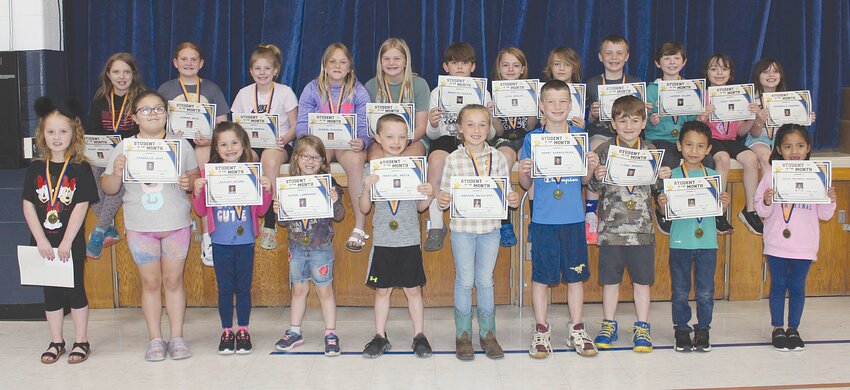 Students of the Month for April at Southeast Fountain Elementary School are, from left, front row: Brilyn Hall, Isabella Leal, Aizley Kiger, Piper Lombardo, Bentlee Smith, Reagan Ratcliff, Henry Kirkpatrick, Liam Powell, Yeisson Alvarez-Hernandez and Sofia Escobar-Romero; and back row,  Daisy Wheeler, Aubree Rich, Ellie Norman, Aubree Stocker, Emily Dotson, Braxtyn Elkins, Levi Wesley, Landon Randolph, Kash Woodrow, Landry Allen, Zoey Hoffman and Annabelle Chapman. Not pictured is Elijah Chowning.