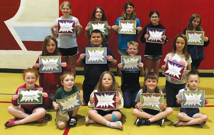 As a part of their Leader in Me program, Turkey Run Elementary students received Habit Hero Awards. Habit Hero awards are given to students who set an example by being a good leader and demonstrate one of the seven habits. Awards are presented by staff members to students who they believe have excelled in one of the habits. Earning Habit Hero awards for April were, from left, front row: Charlotte Burgess, Hudson Tolbert, Amelia Davies, Havik Roemer and Charlotte Cronk; middle row, Liara White, Hoyt Reed, Nash Woods and Abi Cagle; and bakc row, Piper Green, Everlee Newcomb, Avrie Hetrick, Ally Westbrook and Sophia Vandivier. Not pictured is Harlow Simmons.