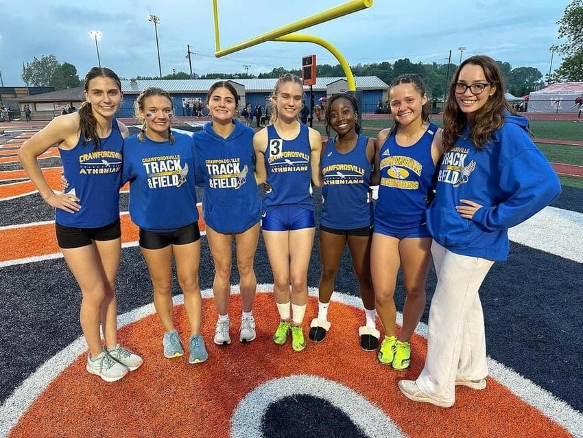From L-R: Katherine Novak, Skylah Strawser, Sophia Melevage, Guinevere Schmitzer-Torbert, Naarah Byard, Caroline Melevage, and Riley Garder will   represent CHS at the Girls T&amp;F Regional after advancing on Tuesday night.