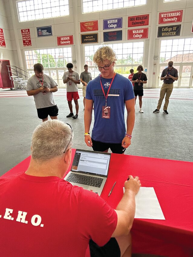 Southeast Missouri State transfer and sophomore Luke Adams from Sullivan checks in Monday with other football players. The Little Giants start practice today. Wabash was picked second in the North Coast Athletic Conference football coaches preseason poll. They open the 2024 campaign against St. Norbert College at home at 1 p.m. Sept. 7. Wabash plays Ohio Wesleyan at home at 2 p.m. Sept. 14 to start the NCAC portion of the schedule.