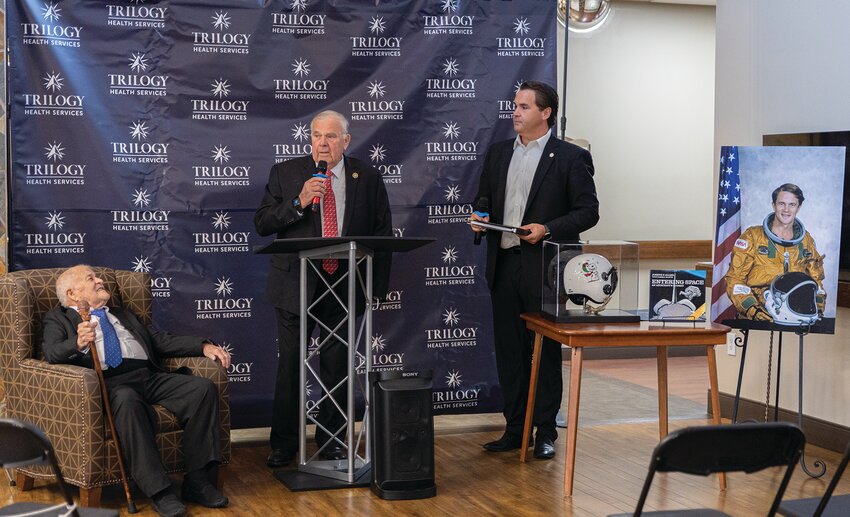 U.S. Representative Jim Baird (center) and Indiana State Rep. Beau Baird (right) present the Sagamore of the Wabash award to Joseph P. Allen, Ph.D. on Tuesday at Wellbrooke. The Sagamore of the Wabash is the highest honor the Indiana governor can bestow and is presented to distinguished Hoosiers who have made significant contributions to the state. Allen is a retired astronaut from Crawfordsville with an impressive lifetime experience. He has traveled to space twice, with 314 hours in space logged. Allen even performed an untethered spacewalk during one of his trips to space. After retiring from NASA in 1985, he continued in a space-related career as a chief executive officer of Space Industries International until 2004. Allen is also an author and had a cameo in the 1998 film, Armageddon.