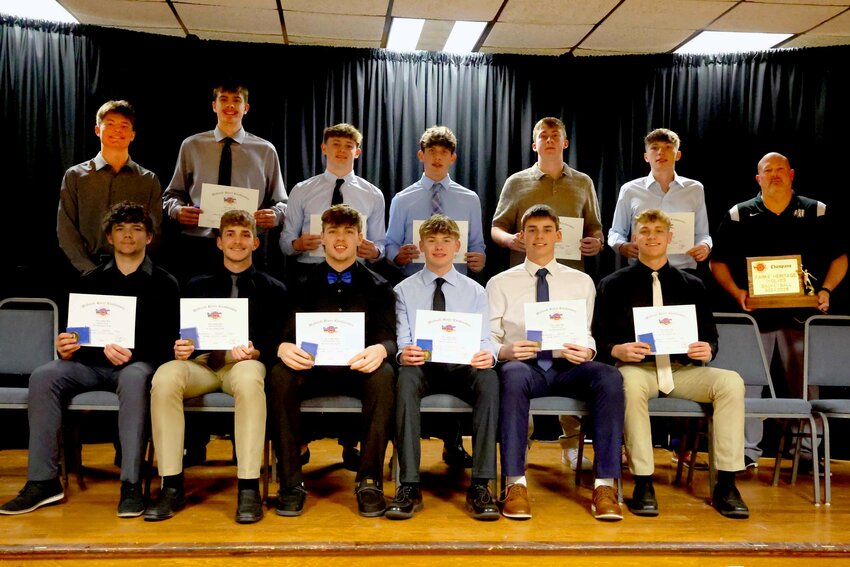 Member of the 2024-25 All-WRC boy&rsquo;s basketball team, are, from left, front row: Austin Stein (C), Eli Foxworthy (FC), Matthew Dawson (NV), Teagan Leonard (NV), Carter Crum (PH) and Renn Harper (PH); and back row, Brayden Luce (PH), Isaac Pickel (PH), Treigh Schelsky (PH), Jonah Hopkins (RP), Dominic Garzolini (SV), Aden Wallace (SV) and Coach Rich Schelsky (PH).