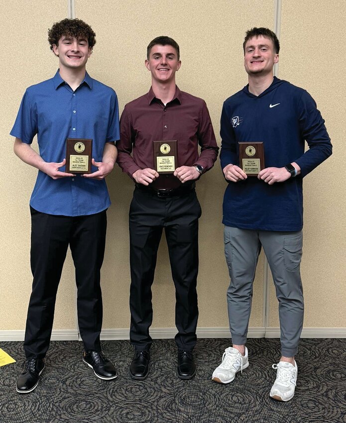 Montgomery County was well represented at Wednesday&rsquo;s Sagamore Athletic Winter Awards Banquet.&nbsp;Boys basketball first team recipients are, from left, Alec Saidian from Crawfordsville, Vince Reimondo from Southmont and Kelby Harwood from North Montgomery.