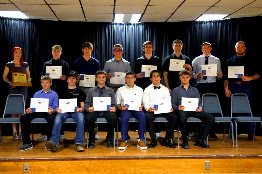 Members of the 2024-25 All-WRC boy’s wrestling team are, from left, front row, 
Emmett Walters (NV), Brayden Dalle Ave (RP), Dallas Simmons (FC), Alan Melchor (FC), Aden Rangel (NV) and Dakoda Willoughby (FC); and back row, Coach Rachel Day (S), Andrew Botner (NV), Austin Thomas (S), Tucker Herndon (S), Isaiah Max (S), Ethan Nemecz (C), Klayton Burgess (PH) and Ben Christoff (C). Not picture are Seeger head coach Cory Max and Kayden Stonebraker (S).