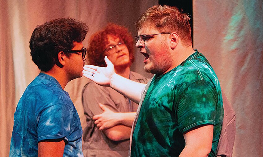 Alejandro Cruz, left, and Alex Schmidt in the Wabash College Theater&rsquo;s production of &ldquo;Thin Walls,&rdquo; a new, devised play that was written, staged, and performed in one semester.