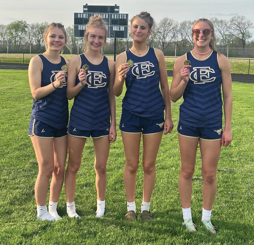 Bi-County 4x400 relay champs are Fountain Central’s Leah Simko, Aubrey Rogers, London DePugh and Brailey Hoagland.