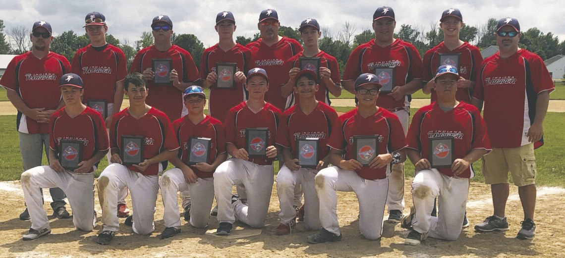 The Indiana Thunder 14U team went 4-0 over the weekend defeating Imavex Orange-Morrow 9-2 and Harrison Raiders 6-5 in pool play. On Sunday they defeated Imavex Orange-Johnson 8-3 and Harisson 16-7 in the finals. PICTURED ABOVE: Front Row L-R: Alex Moore, Cannon Morton, Hayden Turner, Brookes Walters, Adam Cox, Caden Jones, Dylan Bol. Second Row L-R: Coach Jason Scott, Brennen Thornburg, Mason Hall, Kaiden Underwood, Coach Matt Walers, Nick Scott, Jordan Miller, Chayce Howell, and coach Travis Jones.