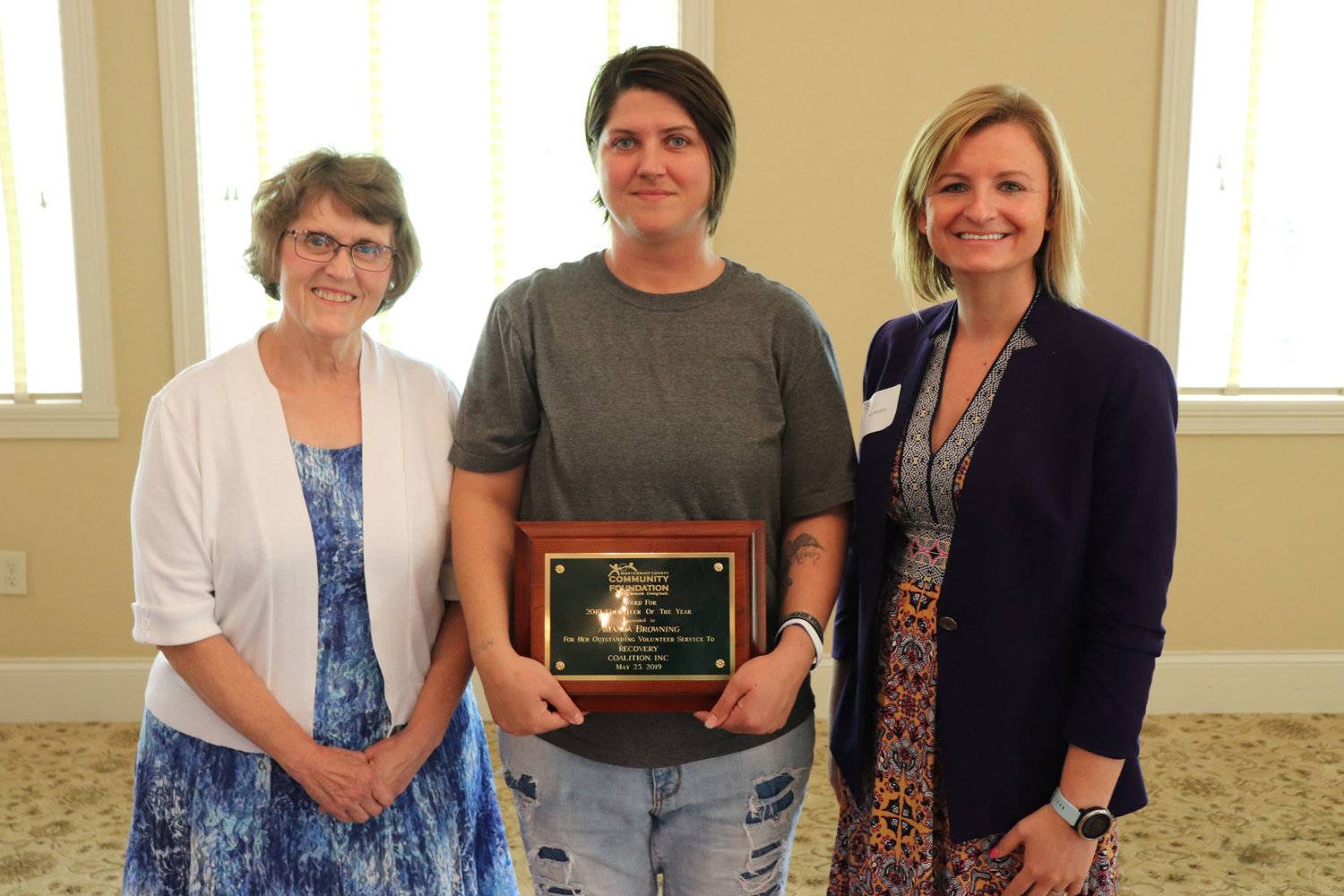Amanda Browning (center) of the Recovery Coalition, was named the Montgomery County Community Foundation's 2019 Volunteer of the Year on Thursday at the foundation's annual meeting. Also pictured is Joyce Kelley (left) of the Women’s Resource Center, who was an nominee for the award, and MCCF Board President Jessica Bokhart. As a part of the of the honor, a $1,000 grant was awarded to Recovery Coalition in Browning's name.