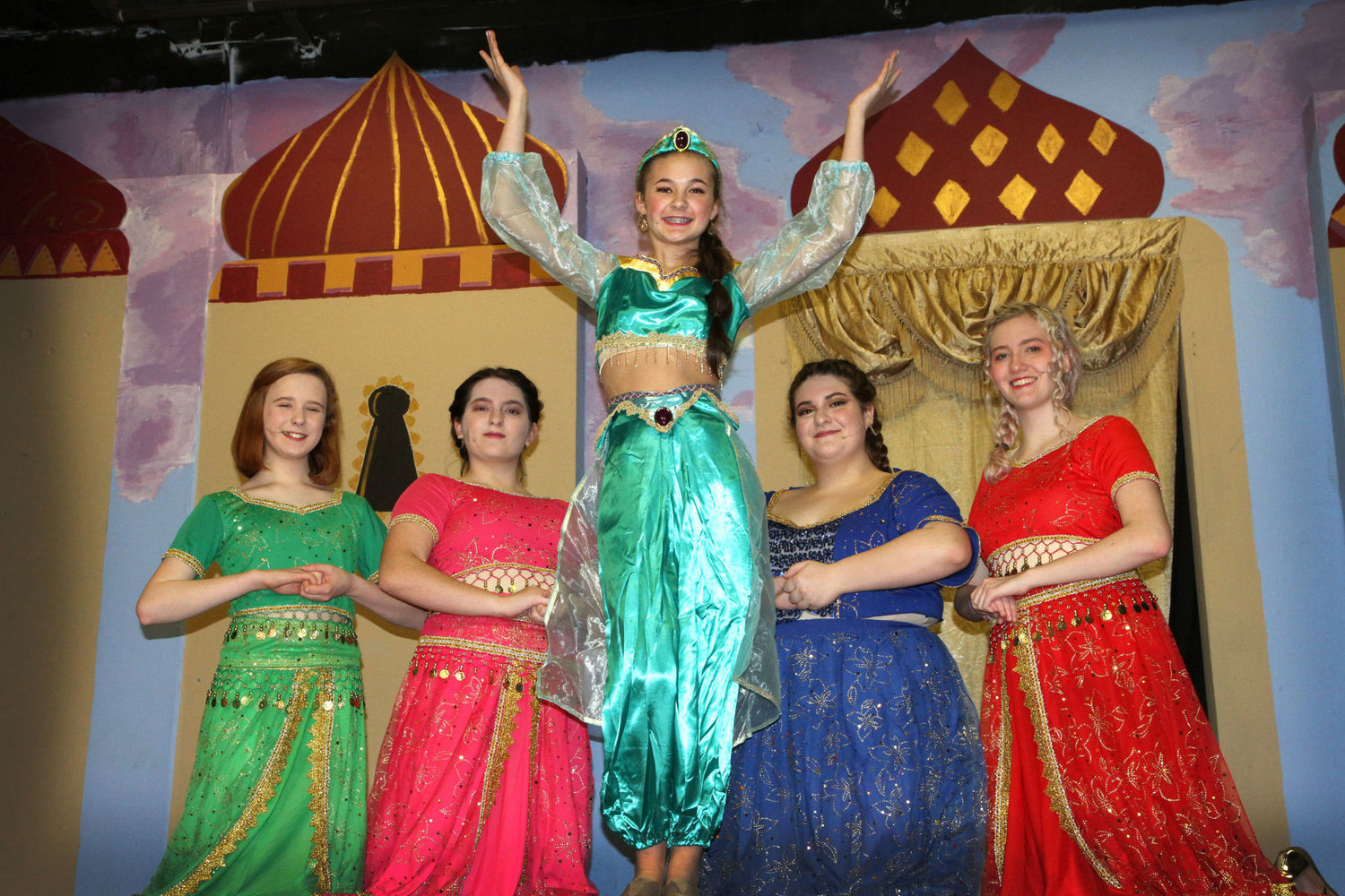 Jasmine (Stella Snook), center, is with her friends, from left, Isir (Lorelei Schmitzer-Torbert), Samir (Liberty Owens), Rajah (Maddie Perigo) and Manal (Annee Clark).