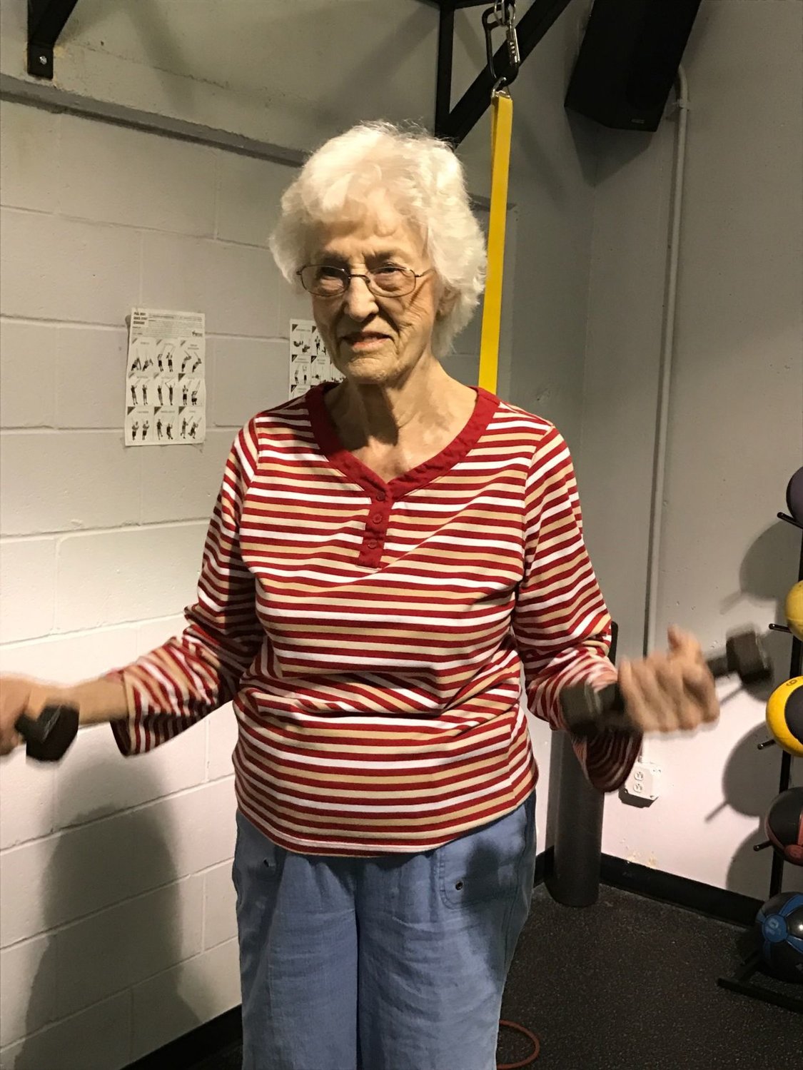 The greatest fear of an older person is falling. Jean Edwards performs exercises while standing on a Bosu Ball. These movements are sharpening Jean’s balance and improving her quality of life. 