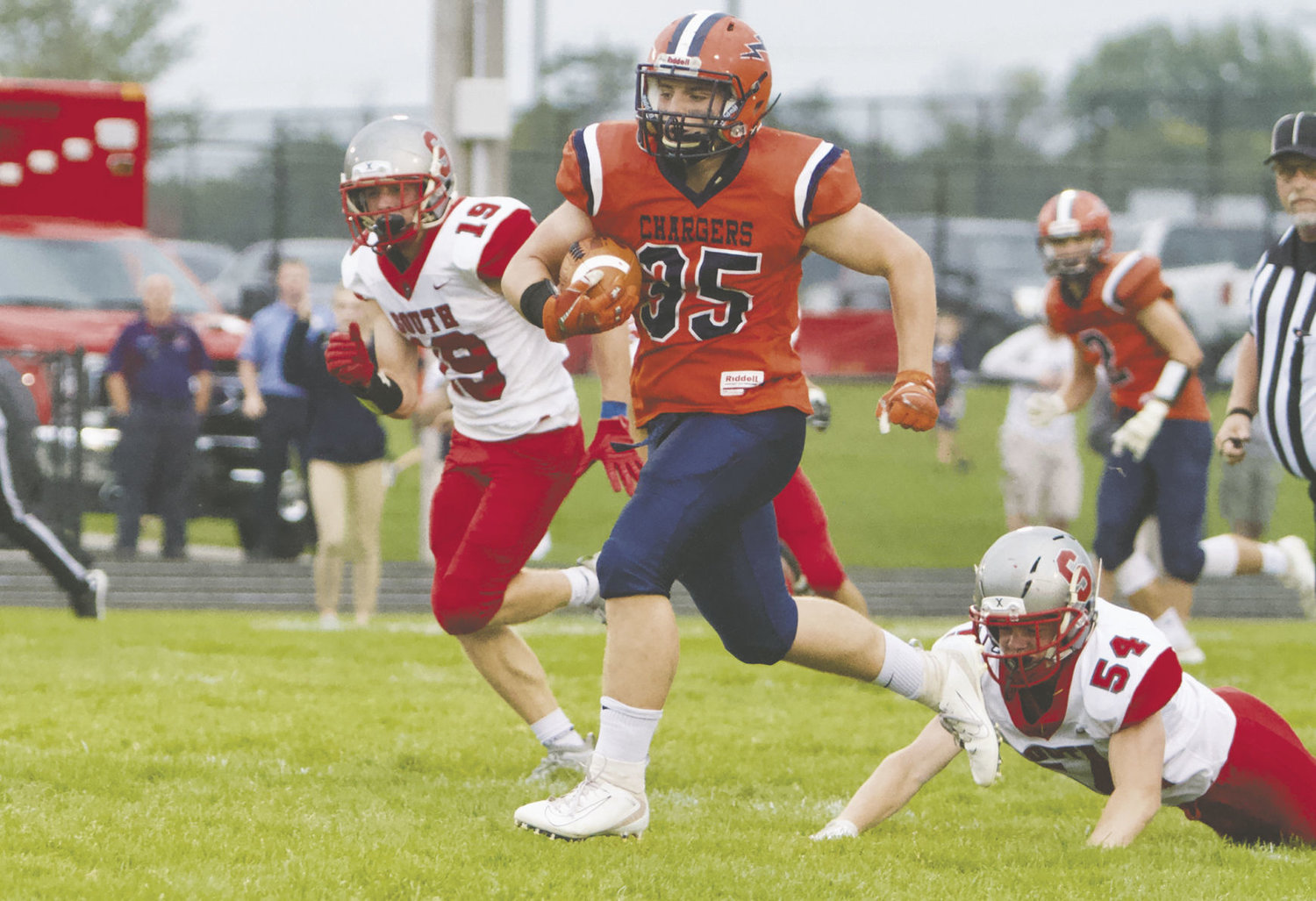 Jacob Braun had a long rush and scored a defensive touchdown for the Chargers in their win over the Mounties.