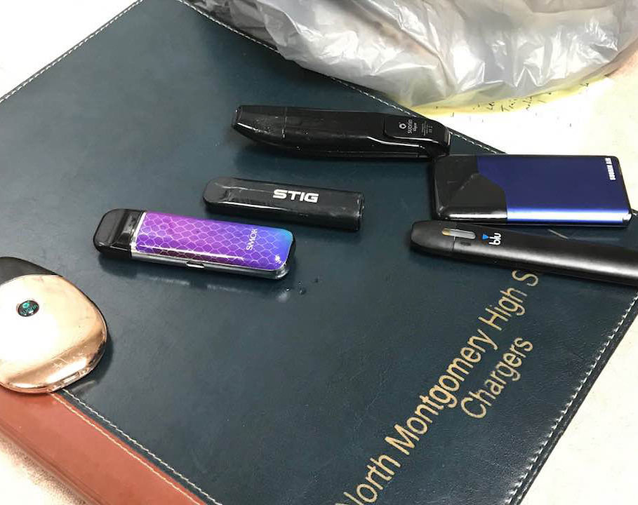 Vape pens confiscated at North Montgomery High School are displayed.