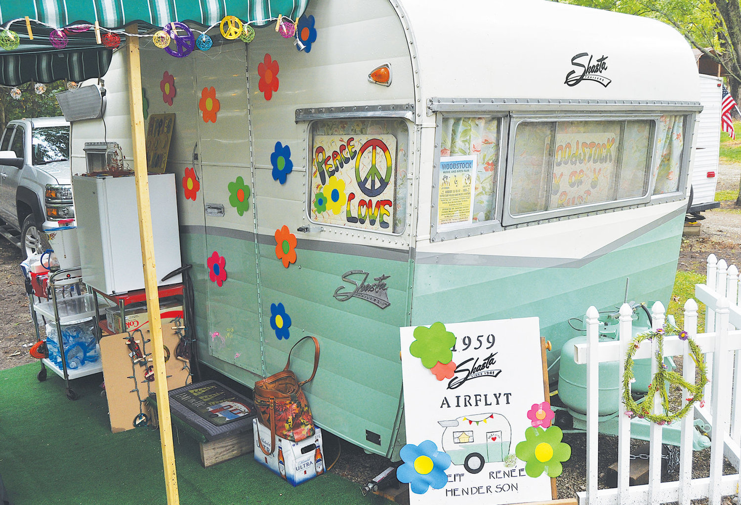 Jeff and Renee Henderson's 1959 Shasta Airflyte is decorated for the Woodstock theme at this weekend's Mid-Central Indiana Vintage Camper Rally at KOA Campground.