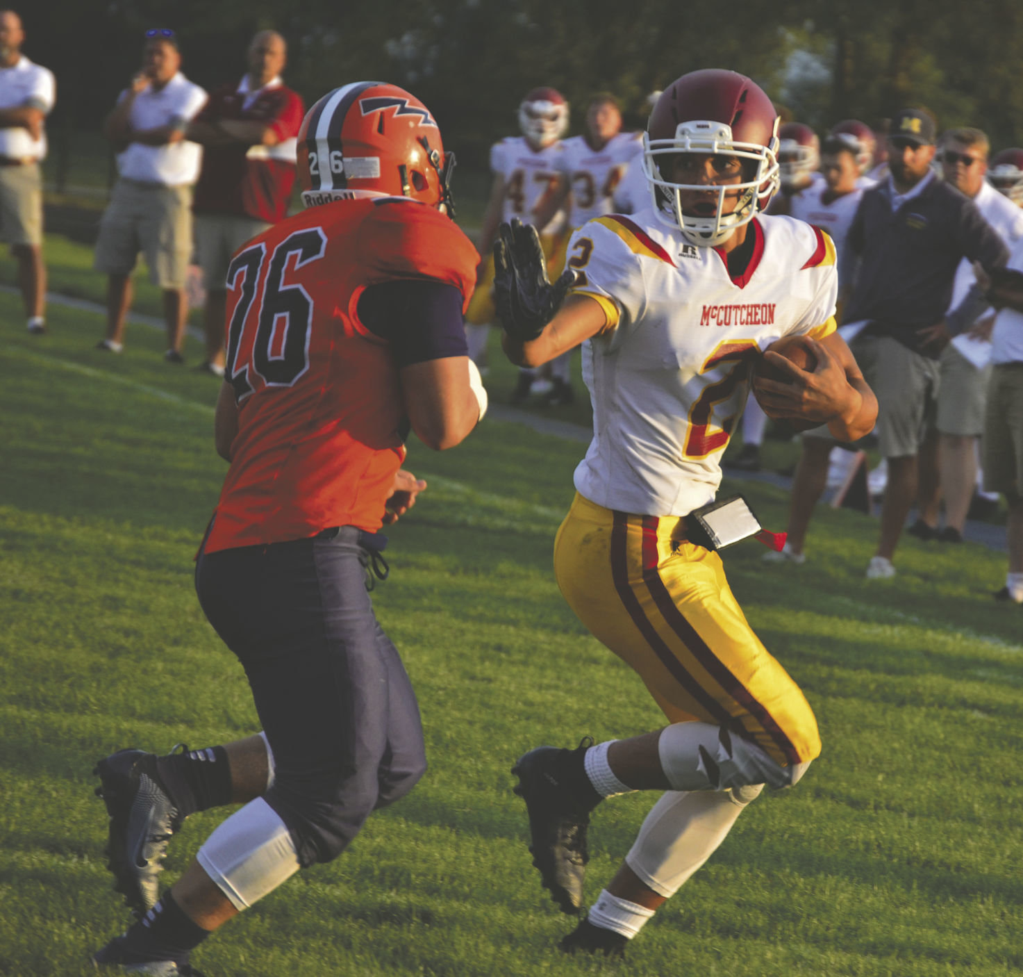 North Montgomery's Nick Norman chases McCutcheon's Mason Douglas during a controlled scrimmage on Friday night.