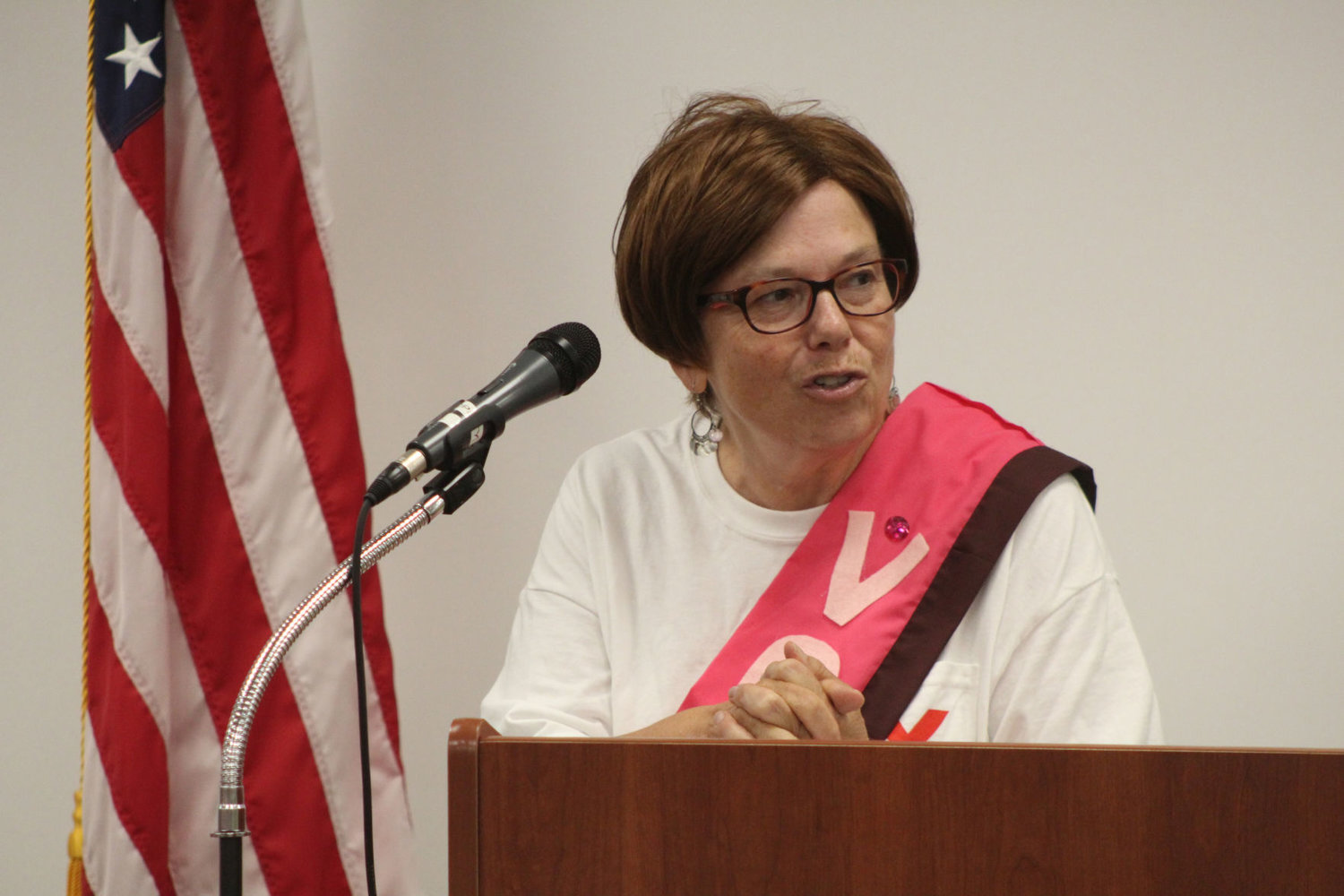 Retired teacher Mary Lou Dawald speaks at the kickoff celebration for the women's suffrage centennial Monday at the Crawfordsville District Public Library.