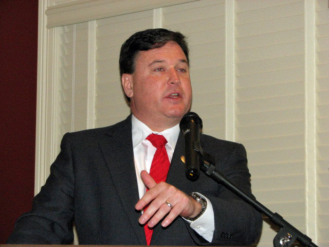 Todd Rokita, a republican, speaks during the dinner last night of his beliefs that Medicare, Medicaid, and Social Security should be reformed.