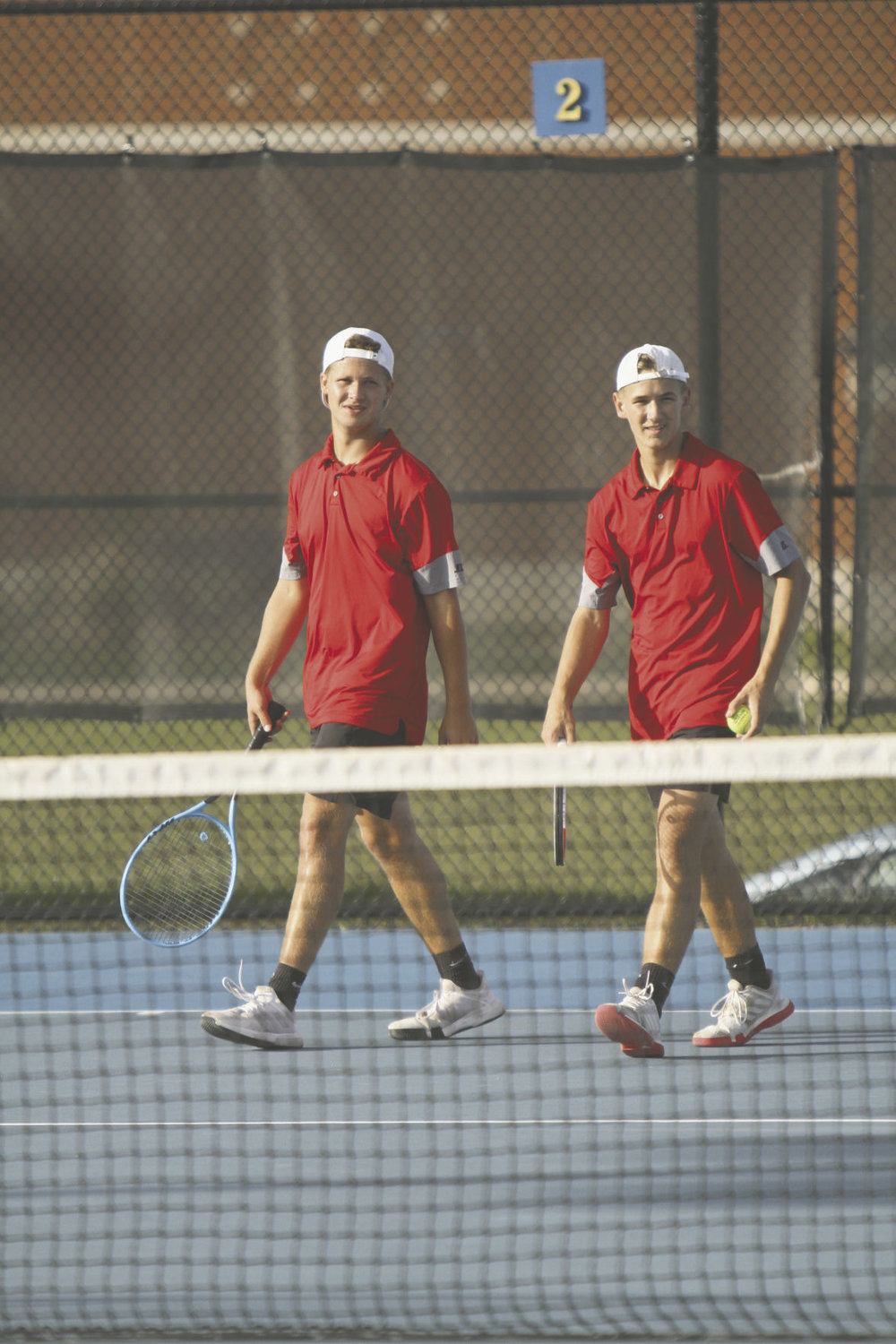 Southmont duo Reese Long and Micah Korhorn are pleased with how their match is going in the win over Crawfordsville.