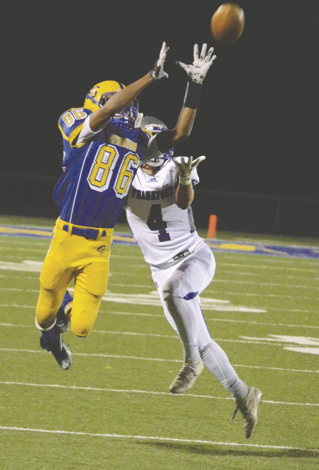 Crawfordsville's Mikale Willis comes down with one of six Athenian interceptions in the 20-6 win over Frankfort.