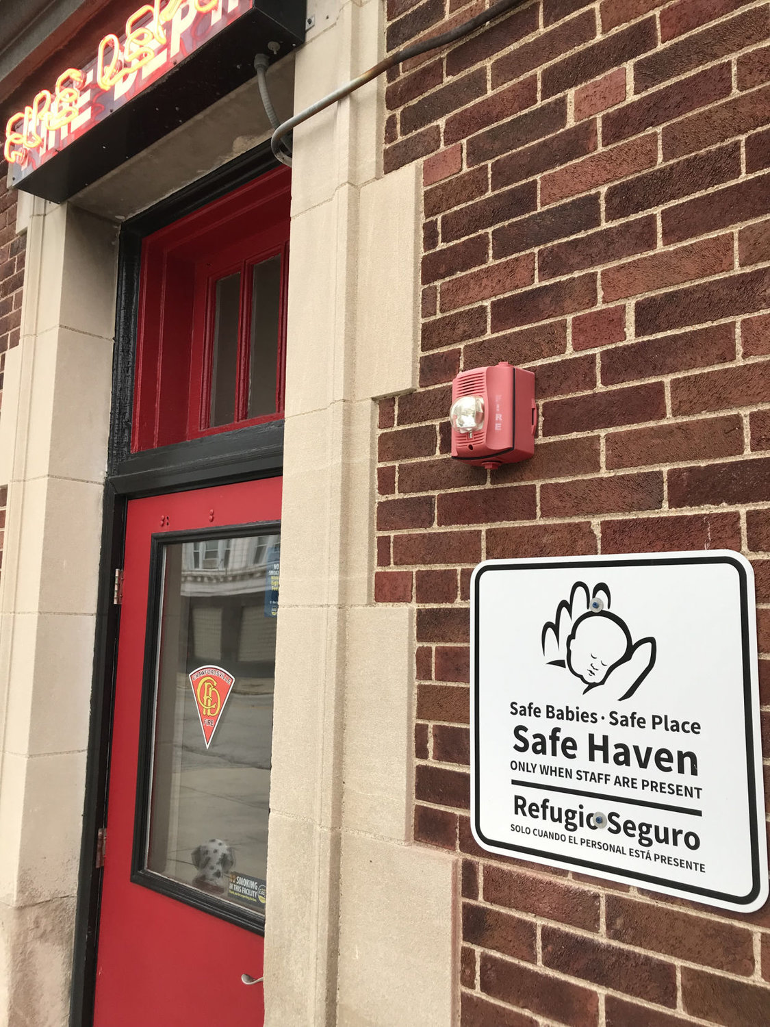 A sign designates Crawfordsville Fire Station No. 1 as a "safe haven" for relinquishing unwanted and unharmed babies. The safe haven law covers any staffed firehouse, police station or hospital.
