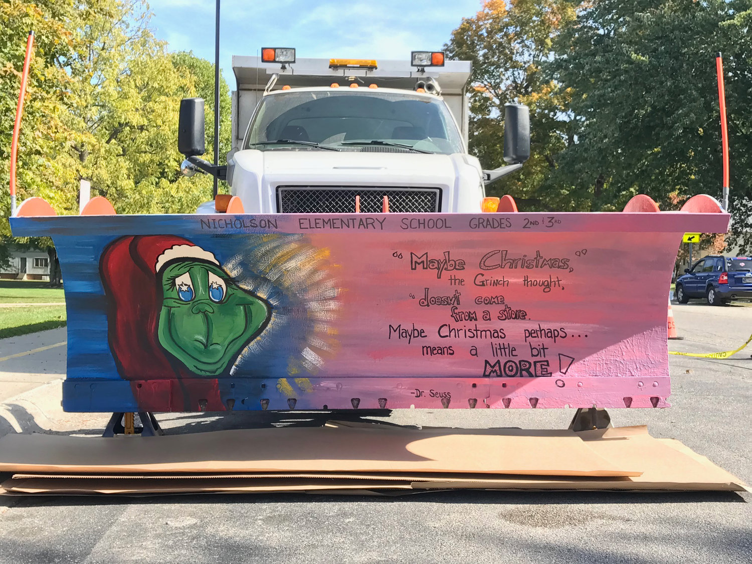The Grinch is featured on a Crawfordsville snow plow painted by Nicholson Elementary students.