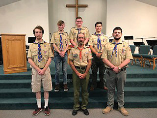 BSA Troop 323, under the direction of Ken Addler, added their latest Eagle rank earlier this month with Luke Wilhite earning his Eagle code of honor. Shown, from left, front row are Jason Holt, Ken Addler and Caleb Holt; and back row; Wyatt Eldridge, Luke Wilhite and Dawson Odle.