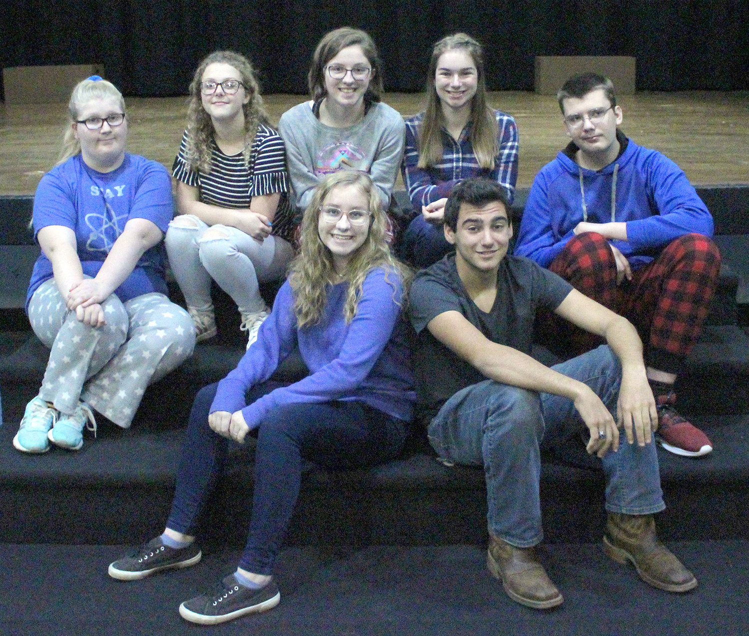 Drama cast members are, from left, front row, Meghan Sliz and Blake Harris; and back row, Brenna Henning, Kathryn McCall, Bailey Jeffers, Ava Barger and Michael Crowder. Not pictured is Ashley McMichael.