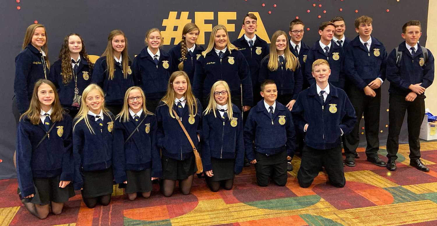 Members of the Parke Heritage High School and Middle School FFA Chapters attended the National FFA Convention held in Indianapolis on Nov. 1. The members attended sessions and visited the Expo area. Those attending were, from left, front row, Cate O’Brien, Addison Jenkins, Emma Simpson, Raegan Ramsay, Addilee Jenkins, Carson Rolison and Ryan Mathis; middle row, Carly Harpold, Hailey Liebrandt, Lilie Mace, Chloe Hardman, Mandy Girdler, Stormy Swaim, Mason Bowsher, Hank York and Owen Rolison; and back row, Deedee Brown, Drew Brown, JD Seward and Ty Buell.