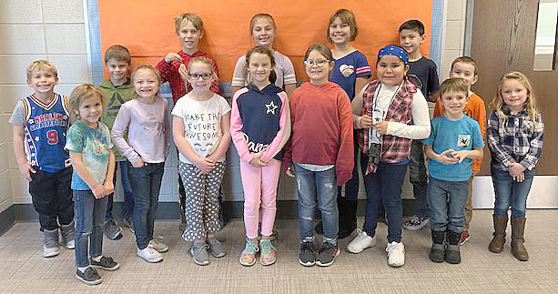 The October character focus at Sommer Elementary School was courage. Students awarded a "Patriot Pass" for their leadership in this area are, from left, front row, Sophia Simpson, Maddie Sparks, Bryer Finley, Kendall Barnett, Vivian Kolasinski, Guadalupe Amidon and Jonah Conkright; and back row, Aaron Welch, Lucas Woolwine, Garrett Morrison, Ava Carter, Jaxon Stultz, Remi Zuk and Eisley Asbury. Not pictured is Cassie Maly.