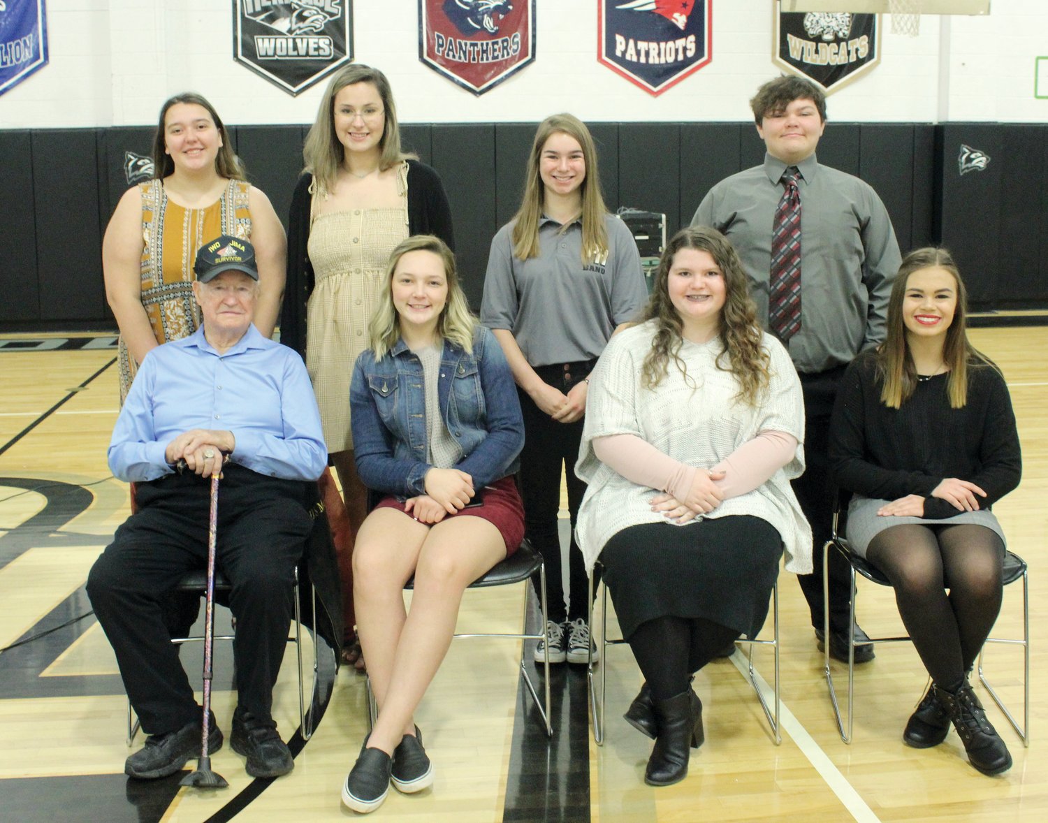 Participants in the Parke Heritage High School Veterans Day program were, from left, front row, guest speaker Leighton Wilhite, Natalie Jones, Macy Kent and Jasmyne Everson; and back row, Megan Query, Stella Mrazik, Ava Barger and Xander Brown.
